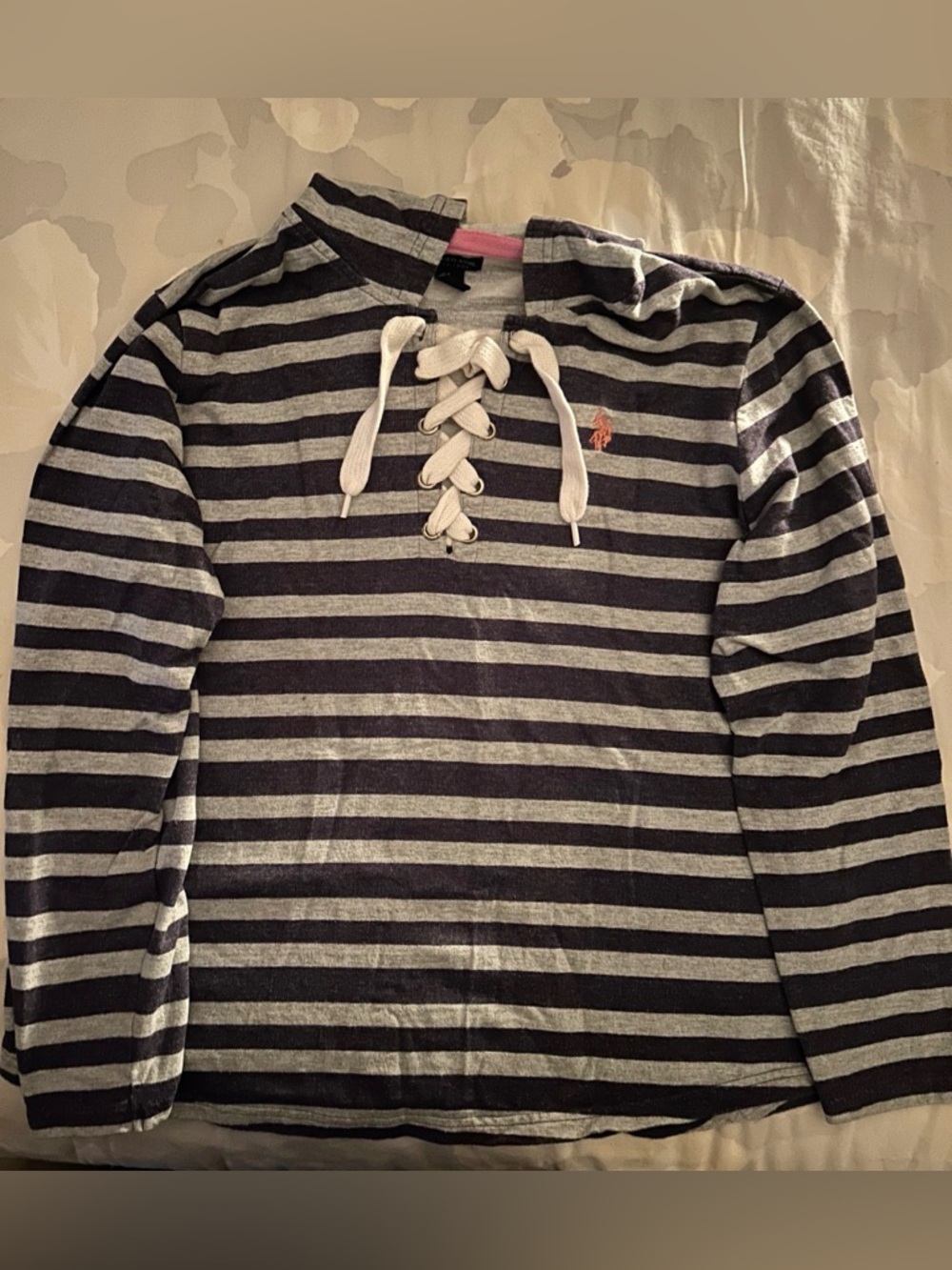 Polo by Ralph Lauren Navy Blue & Gray Striped Lace-Up Hoodie